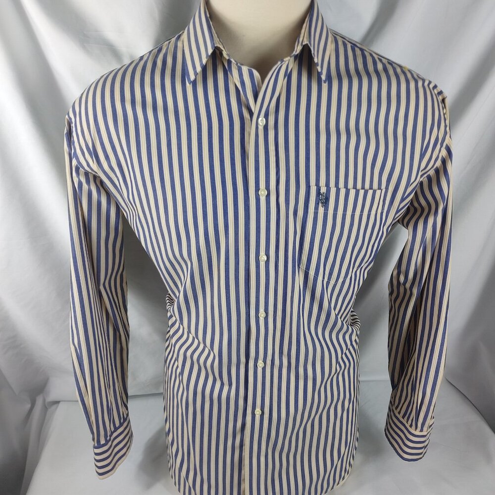 U.S. POLO ASSN. Mens Long Sleeve Blue/Yellow Stripe Dress Shirt Sz XL 17.5-34/35